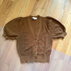 Sezane ☀️ Brown Puff-Sleeve Knit Cardigan Sweater - Classic V-Neck